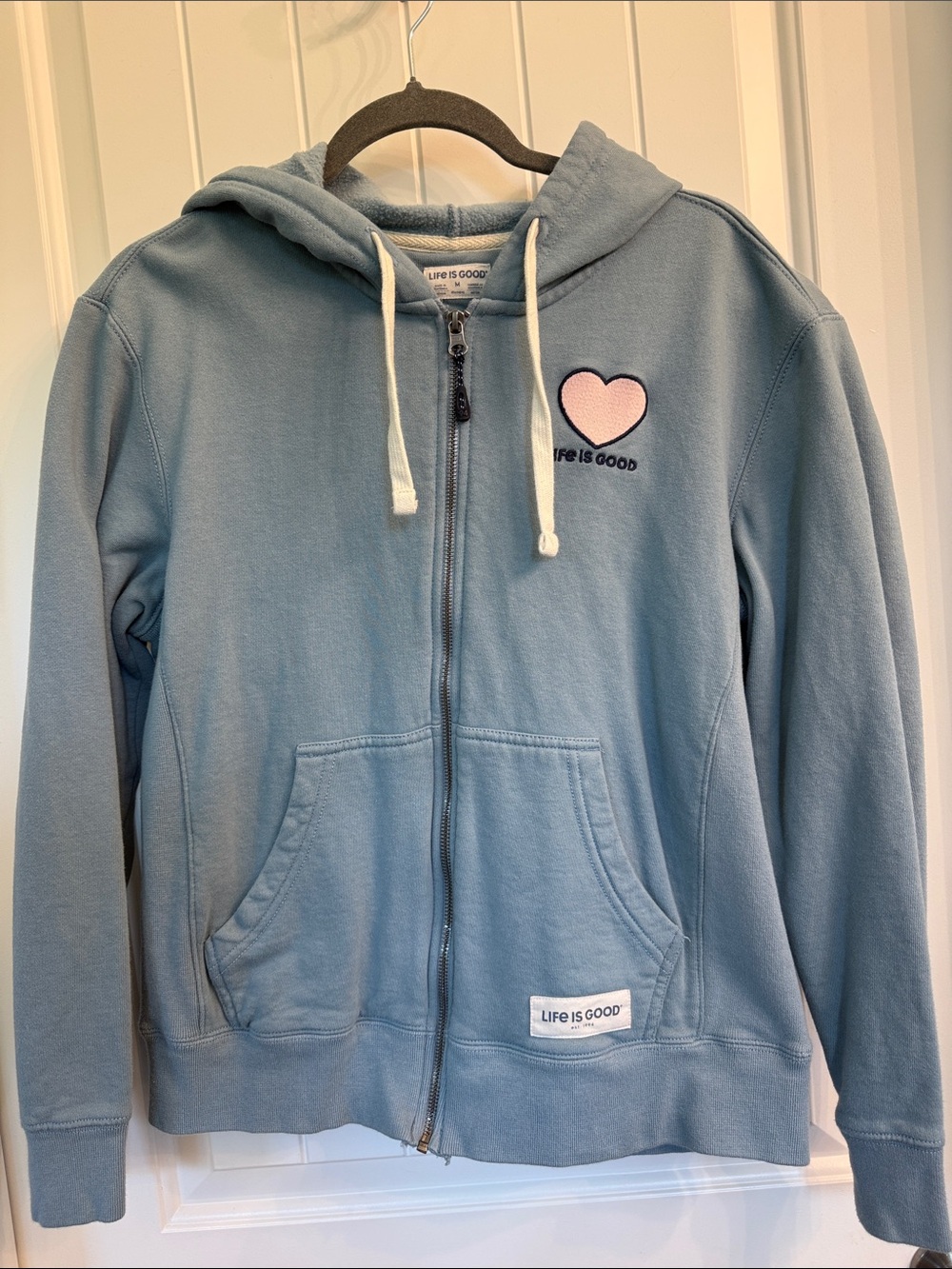 Life Is Good Light Blue Zip-Up Hoodie with Pink Heart Patch